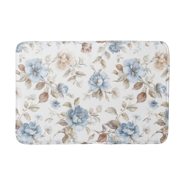 Pretty Blue Cream Tan Brown Flowers Bath Mat (Front)