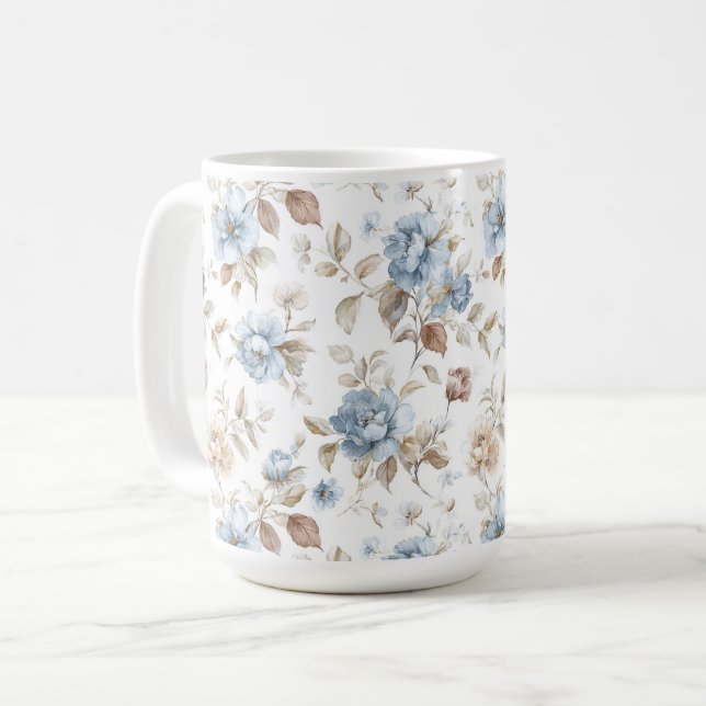 Pretty Blue Cream Tan Brown Flowers Coffee Mug (Front Left)
