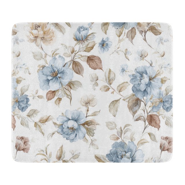 Pretty Blue Cream Tan Brown Flowers Cutting Board (Front)