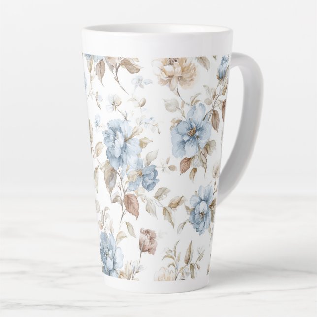 Pretty Blue Cream Tan Brown Flowers Latte Mug (Right Angle)