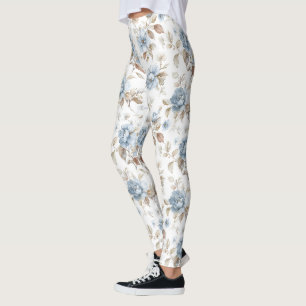 Pretty Blue Cream Tan Brown Flowers Leggings