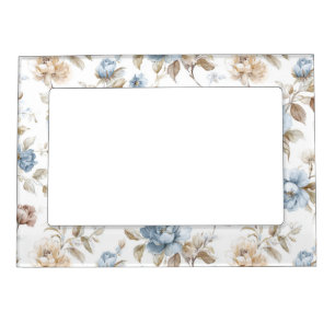 Pretty Blue Cream Tan Brown Flowers Magnetic Frame