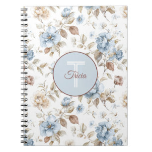 Pretty Blue Cream Tan Brown Flowers Notebook