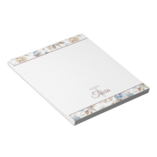 Pretty Blue Cream Tan Brown Flowers Notepad (Angled)