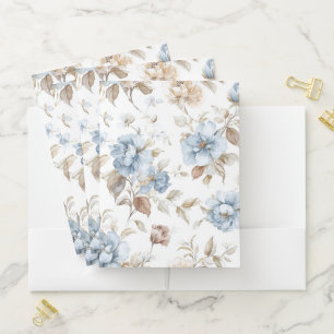 Pretty Blue Cream Tan Brown Flowers Pocket Folder