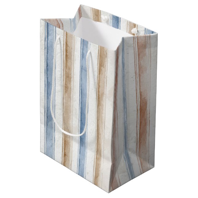 Pretty Blue Cream Tan Stripes Wedding Medium Gift Bag (Front Angled)