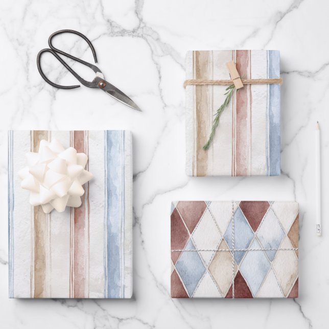 Pretty Blue Cream Tan Stripes Wedding Wrapping Paper Sheets (Front)