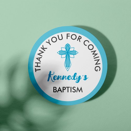 Pretty Blue Cross Boy Baptism Thank You Classic Round Sticker