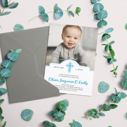 Pretty Blue Cross Photo Boy Baptism Invitation