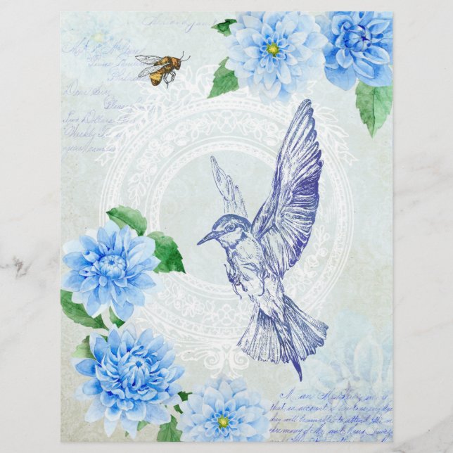 Pretty Blue Dahlia & Hummingbird Scrapbook Paper (Front)