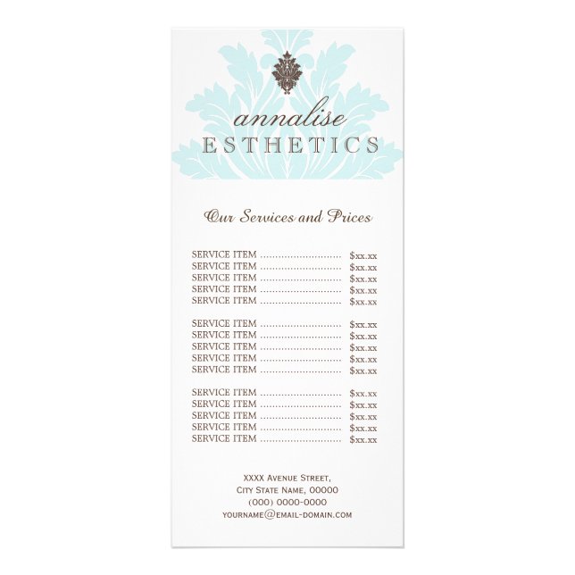 Pretty Blue Damask Price List Rack Card (Front)