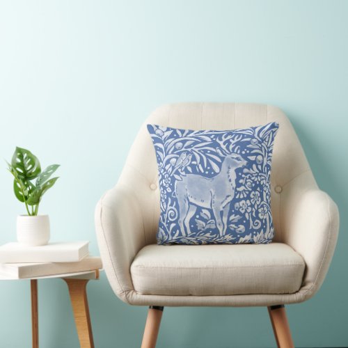 Pretty Blue Deer Bird Forest Floral Nature Animal Throw Pillow