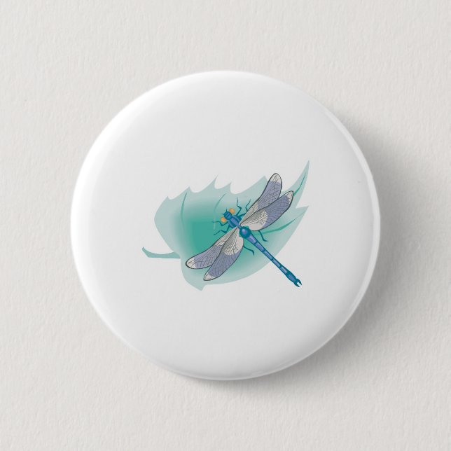 pretty blue dragonfly on leaf pinback button (Front)