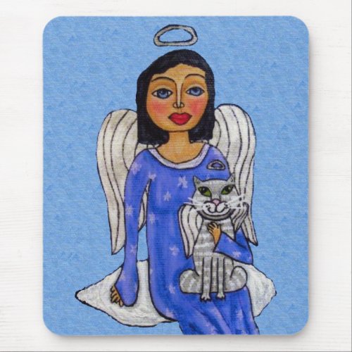 Pretty Blue Eyes Angel Holding Cat on Cloud Mouse Pad