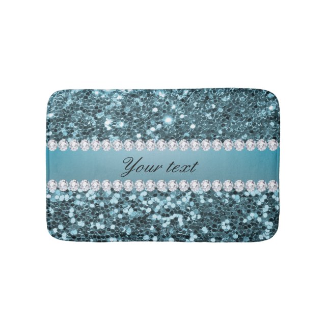 Pretty Blue Faux Glitter and Diamonds Bath Mat (Front)