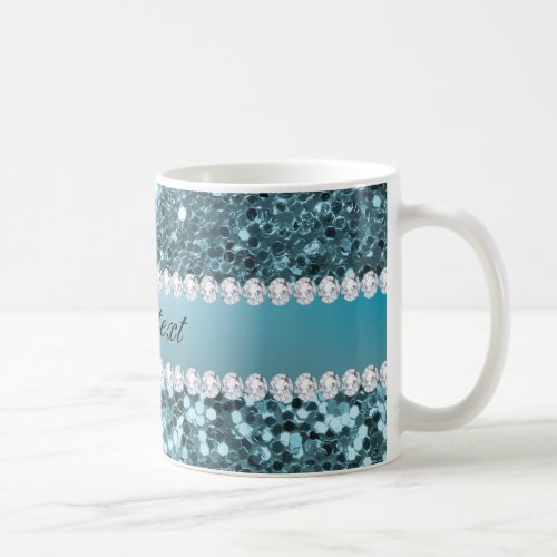 Pretty Blue Faux Glitter and Diamonds Coffee Mug