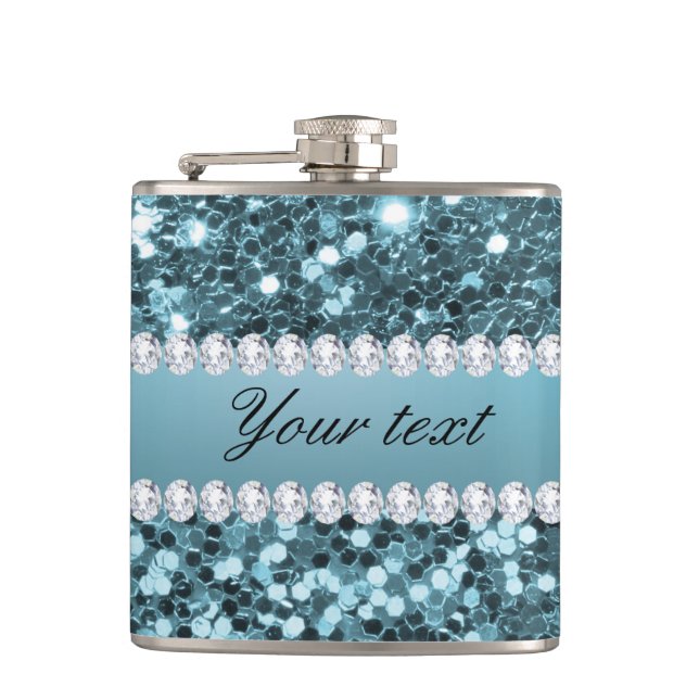 Pretty Blue Faux Glitter and Diamonds Hip Flask (Front)