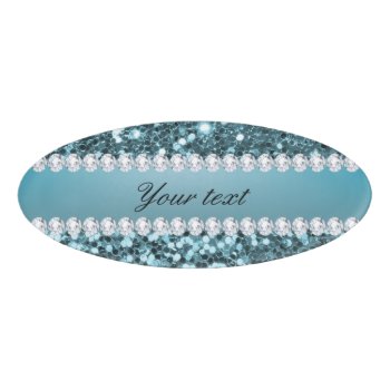 Pretty Blue Faux Glitter And Diamonds Name Tag by glamgoodies at Zazzle