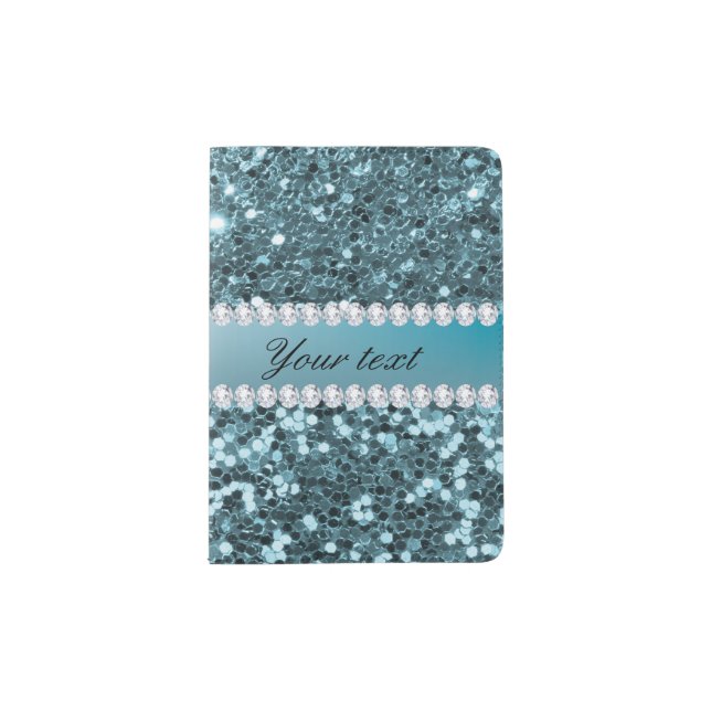 Pretty Blue Faux Glitter and Diamonds Passport Holder (Front)