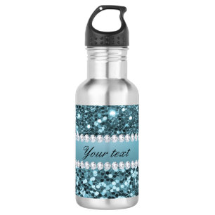 Pretty Blue Faux Glitter and Diamonds Water Bottle
