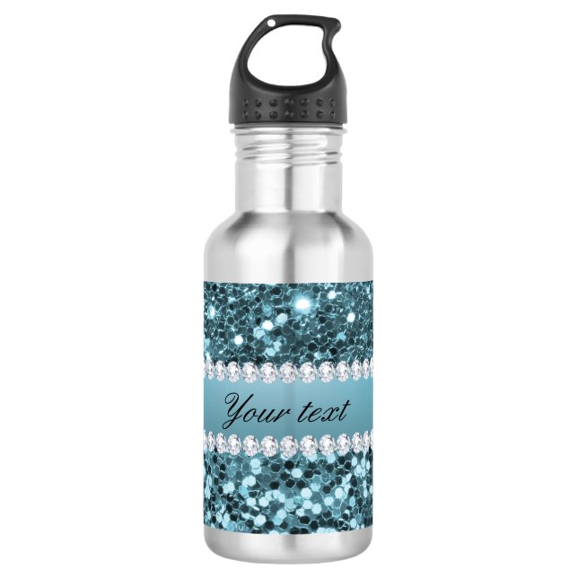 Pretty Blue Faux Glitter and Diamonds Water Bottle (Front)