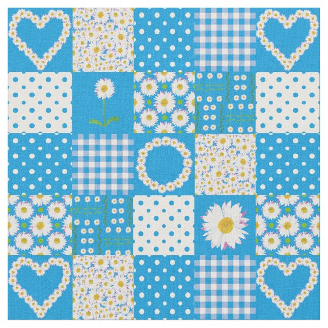 Pretty Blue Faux Patchwork Daisy Chains Fabric (Close Up)