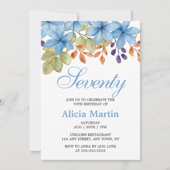 Pretty Blue Flora Greenery Any Age Birthday Invitation (Front)