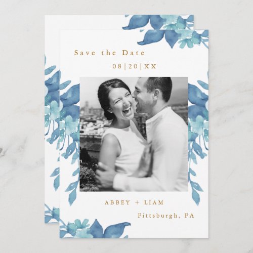 Pretty Blue Floral and Foliage Photo Wedding Save The Date