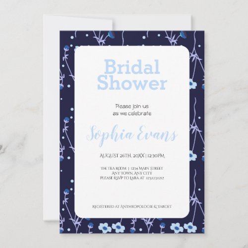 Pretty Blue Floral Border White Bridal Shower Invitation