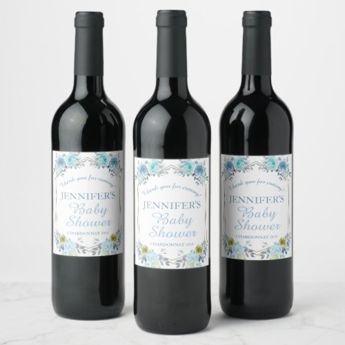Pretty Blue Floral Boy Baby Shower Thank You Wine Label