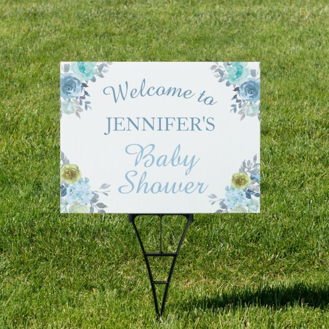 Pretty Blue Floral Boy Baby Shower Welcome Lawn Sign (Insitu)