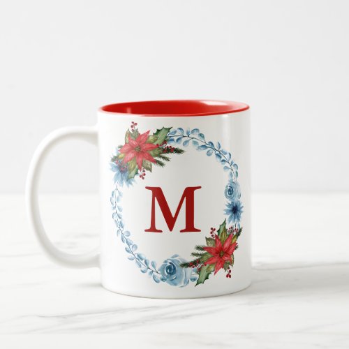 Pretty Blue Floral Christmas Wreath Monogram Two_Tone Coffee Mug