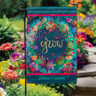 Pretty Blue Floral Grow Stripe Your Name Garden  Flag