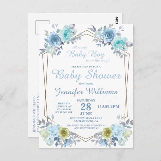 Pretty Blue Floral It's a Boy Baby Shower Invitati Postcard (Front/Back)