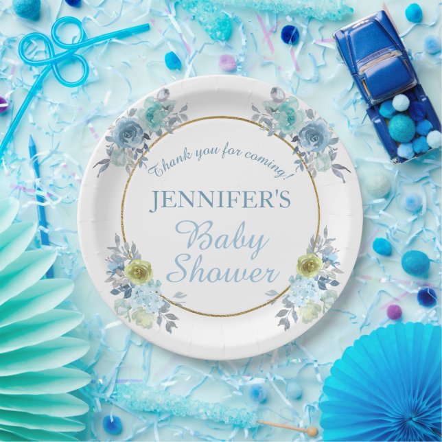 Pretty Blue Floral It's a Boy Baby Shower   Paper Plates (Party)