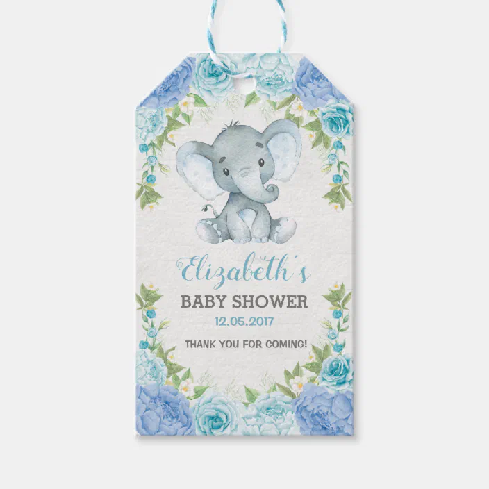 Pretty Blue Floral Jungle Elephant Baby Shower Gift Tags Zazzle Com