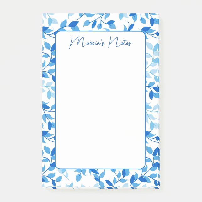 Pretty Blue Floral Leaves Modern Personalized Post-it Notes (Front)