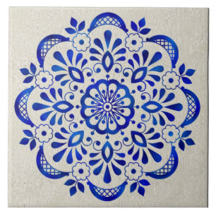 Pretty Blue Floral Mandala Ceramic Tile. Tile