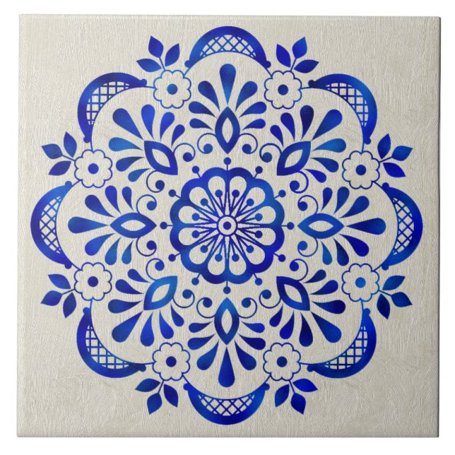 Pretty Blue Floral Mandala Ceramic Tile. Tile (Front)