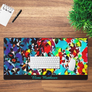 Pretty Blue Floral Mosaic Personalized Desk Mat