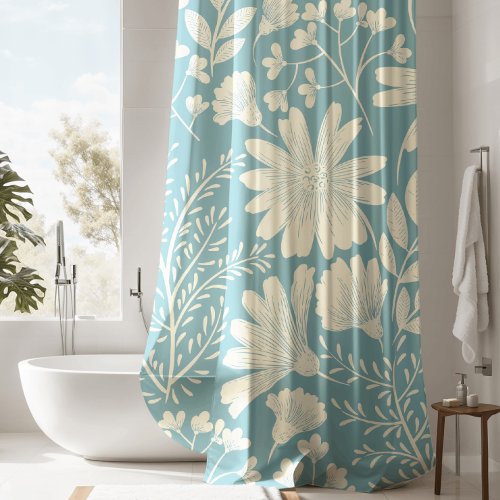 Pretty Blue Floral Pattern Shower Curtain