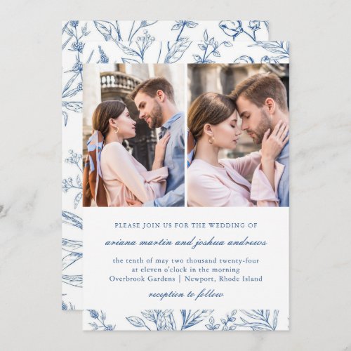 Pretty Blue Floral Pattern Two Photo Wedding Invitation