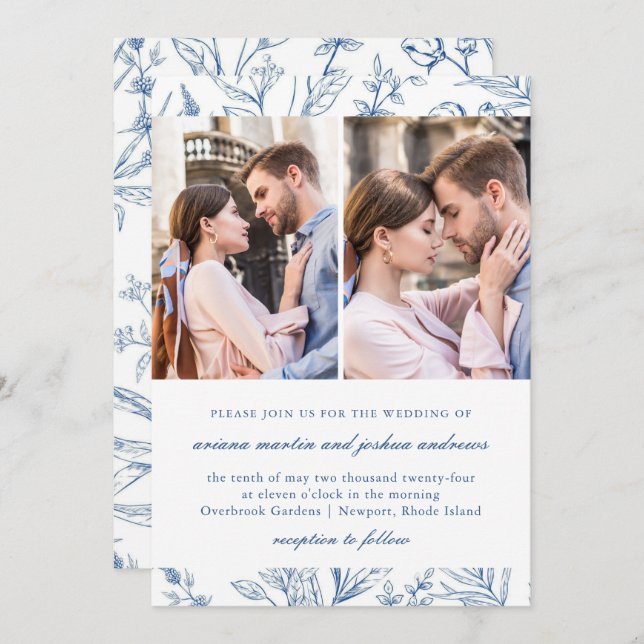 Pretty Blue Floral Pattern Two Photo Wedding Invitation (Front/Back)