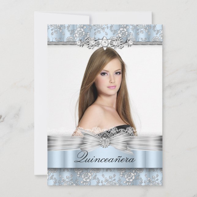 Pretty Blue Floral Photo Quinceanera Invitation (Front)