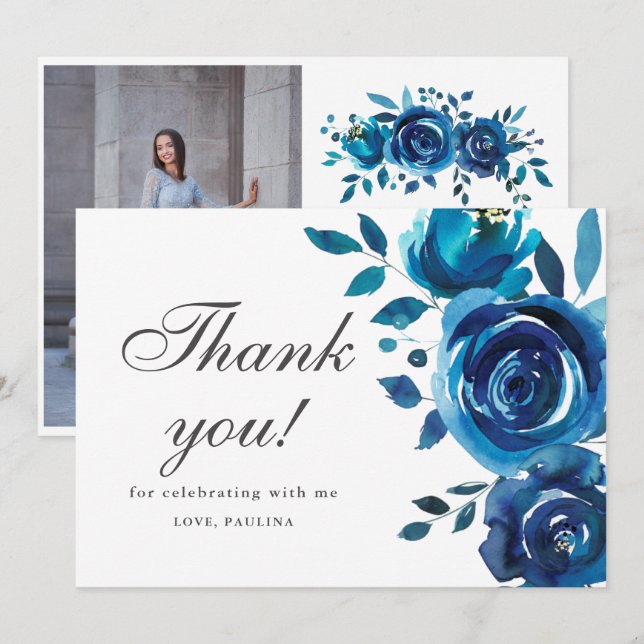 Pretty Blue Floral Quinceañera Photo Thank You Invitation (Front/Back)