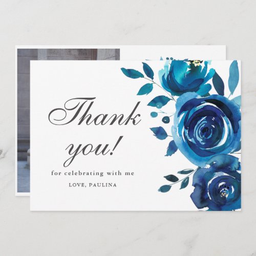 Pretty Blue Floral Quinceaera Photo Thank You Invitation
