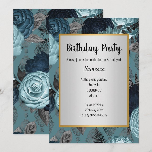 PRETTY BLUE FLORAL SILVER GOLD BIRTHDAY INVITATION (Front/Back)