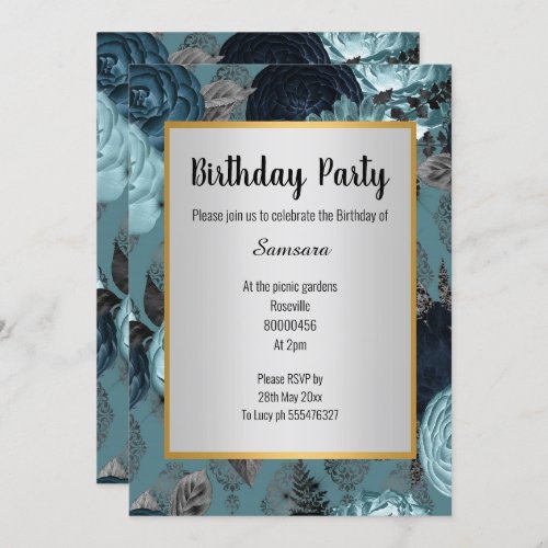 PRETTY BLUE FLORAL SILVER GOLD BIRTHDAY INVITATION