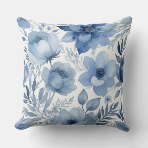 Pretty Blue Floral watercolor Throw Pillow
