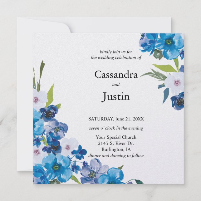 Pretty Blue Floral Wedding Invitation (Front)